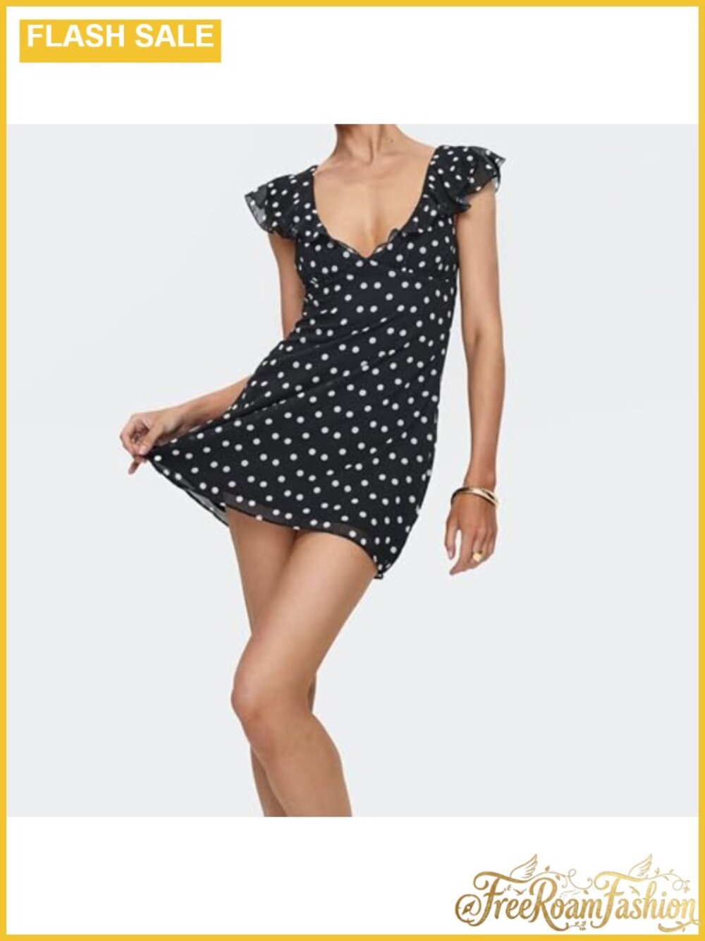 Polka Dot Mini Dress Ruffle Sleeveless V Neck Back Tie Layered Summer Tank - Picture 4 of 4